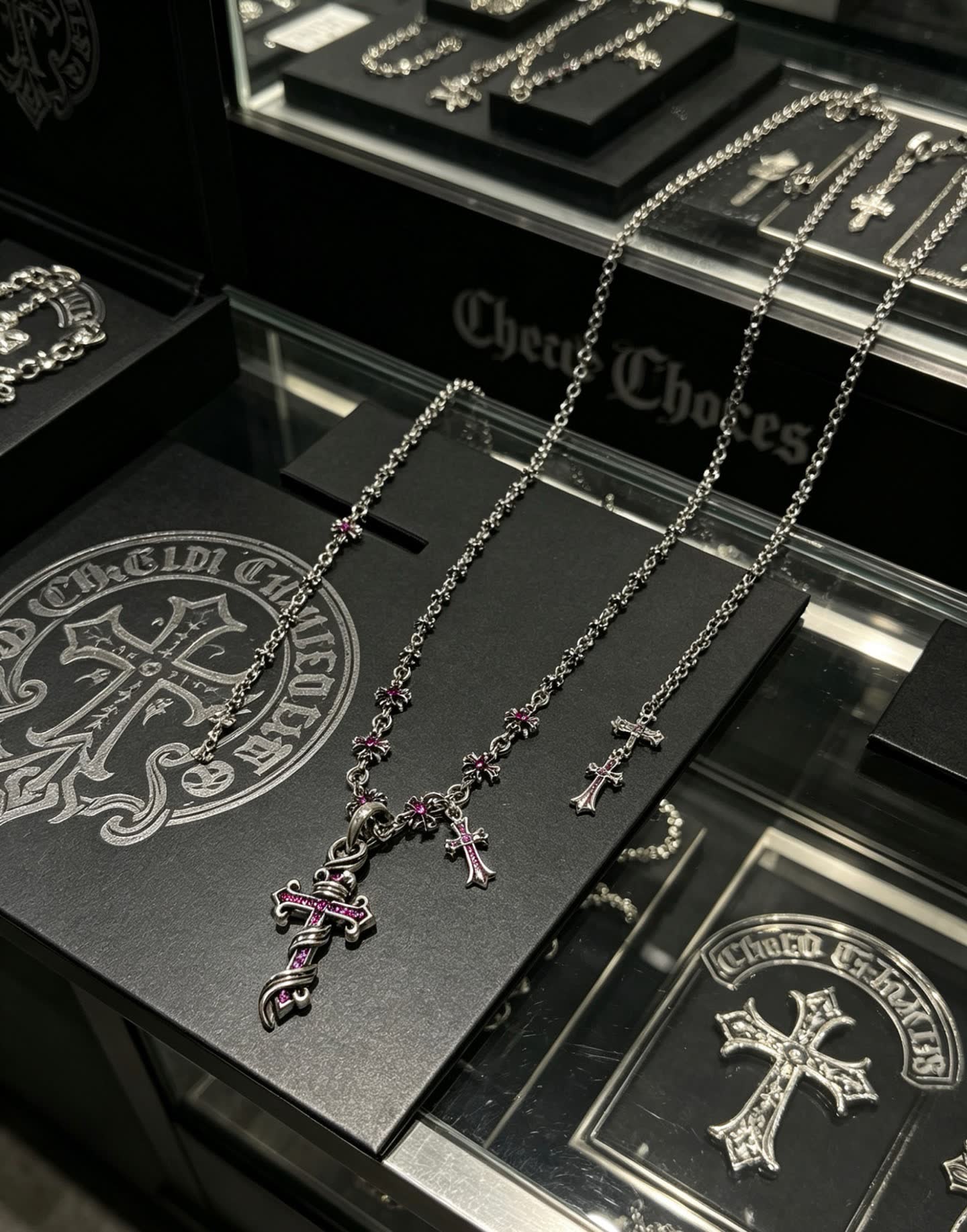 Chrome Hearts Silver Cross Pendant Necklace with Pink Crystals